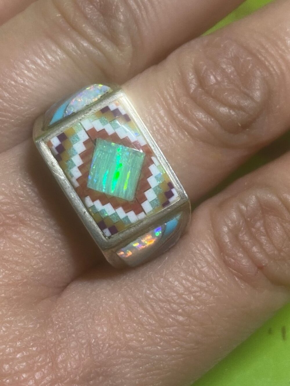 Zuni Men's Ring Size 10 1/2 Inlay Sterling Silver Opal Native American Ethnic